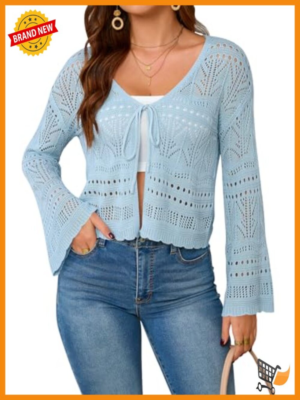 Crochet Cropped Cardigan Tie Front Shrug Bell Sleeve Scalloped Hem Boho Knit
